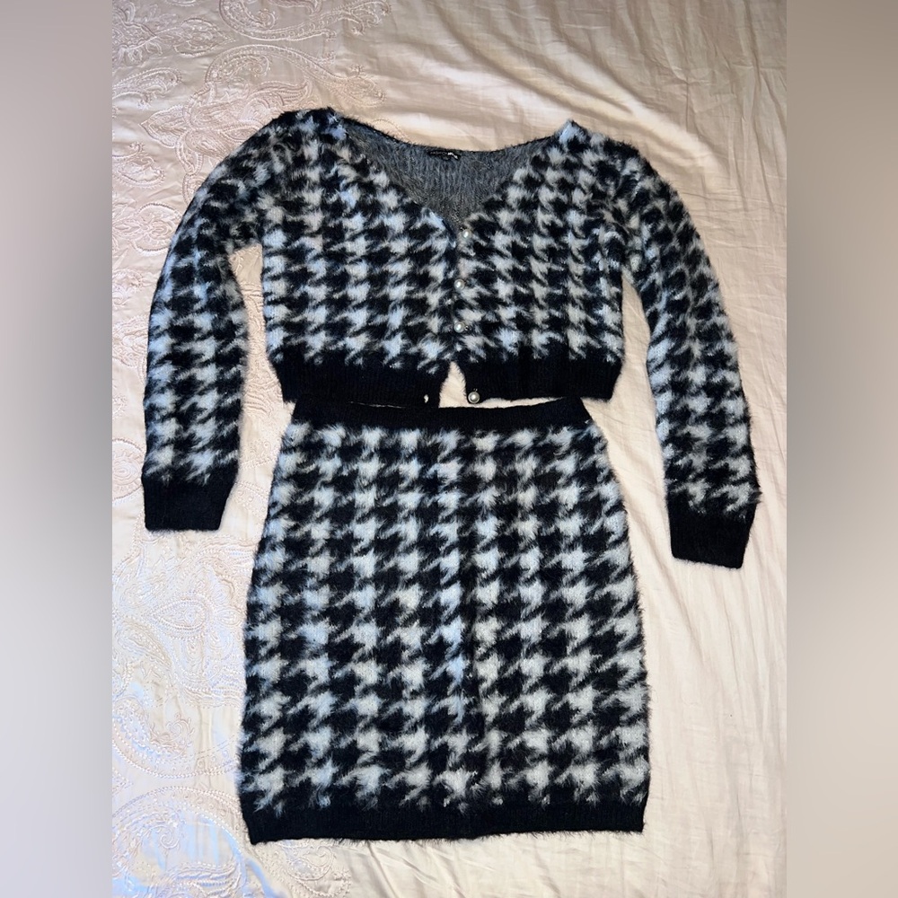 Fashion Nova Oh You Hound Houndstooth Knit Two Piece Skirt Set Size L - Picture 4 of 12